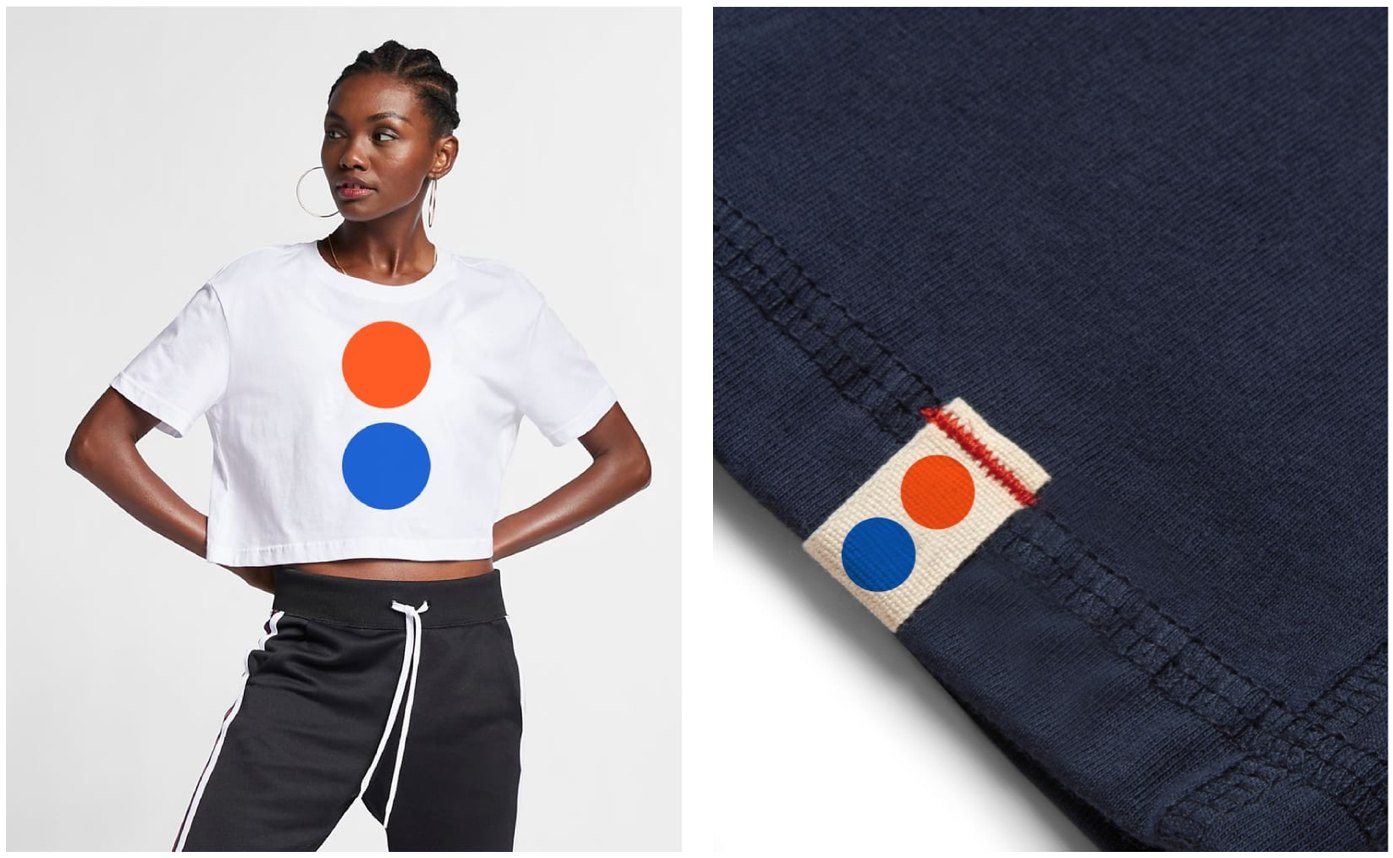 Blink apparel, a tee and a garment tag carrying the orange and blue dot mark