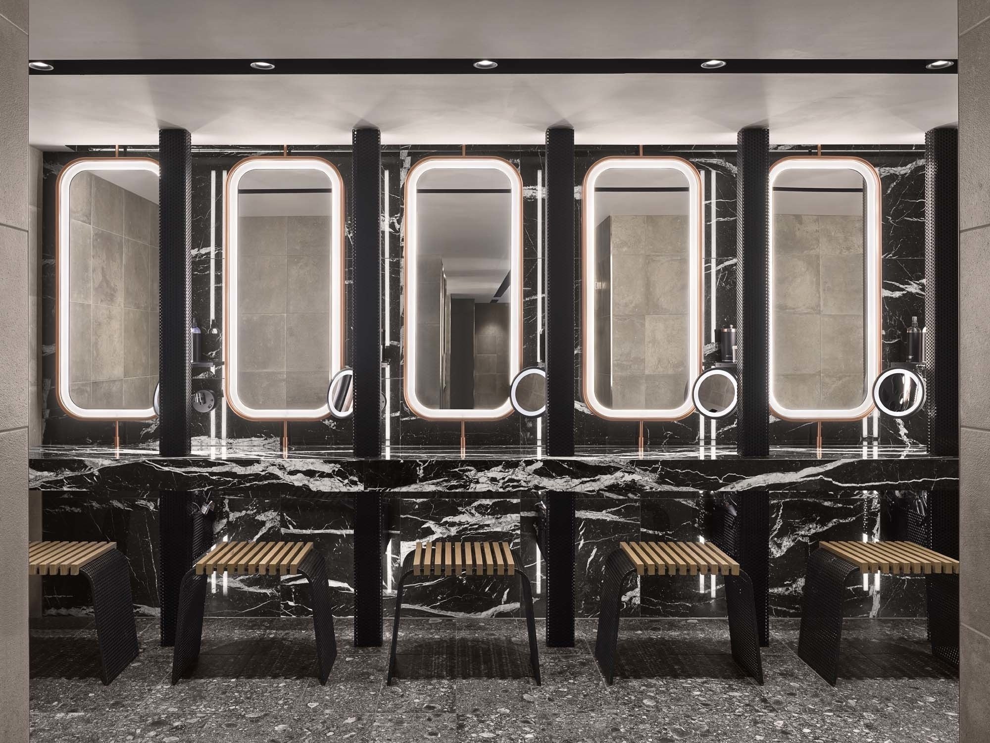 E by Equinox St James's changing chambers in black marble and copper