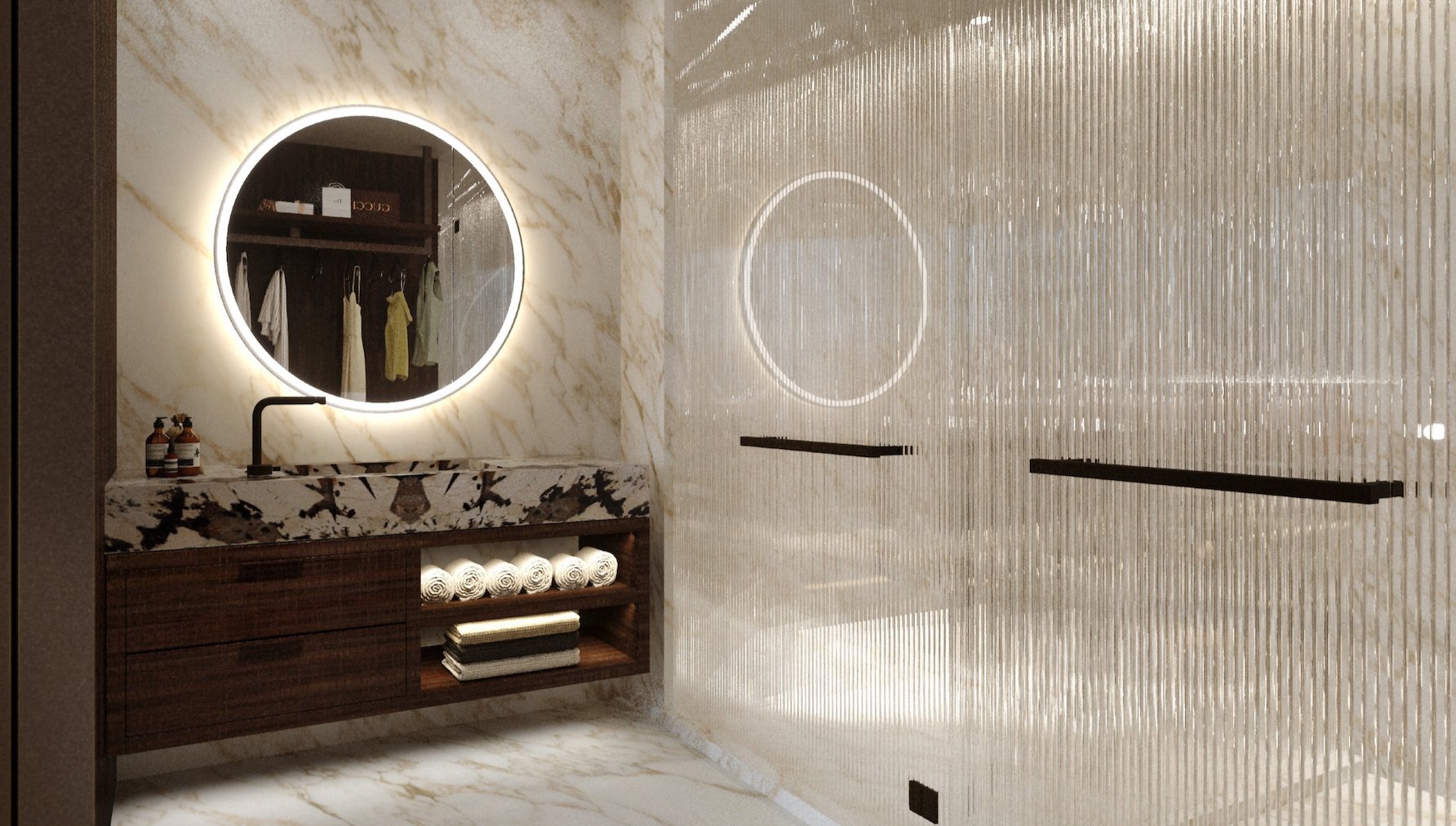 Guest bath in marble with a backlit round mirror and reeded glass shower