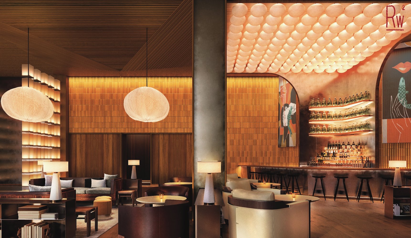 Lobby bar in warm wood with paper lanterns and a scalloped ceiling