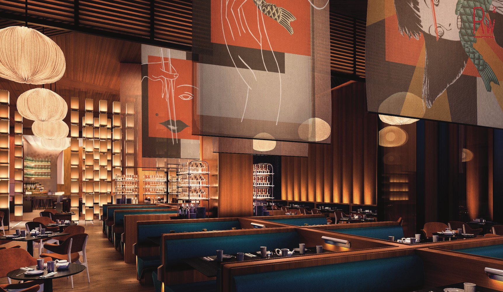Restaurant with blue booths, lanterns, and large painted panels