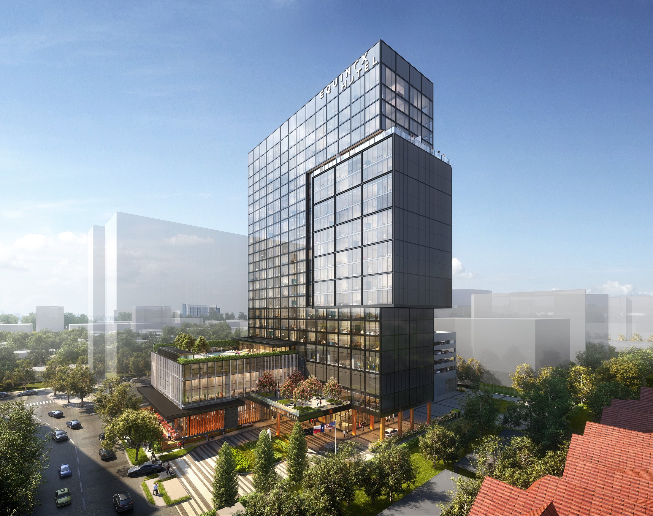 Full massing of the glass tower above the landscaped podium