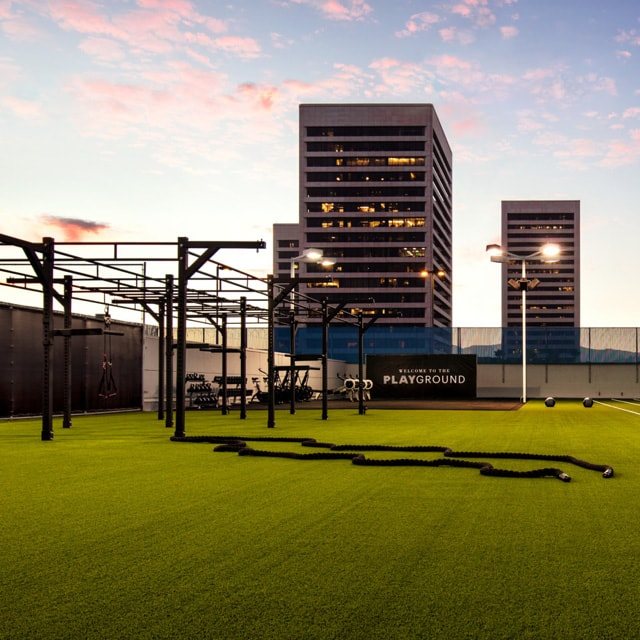 Rooftop rig in silhouette at dusk
