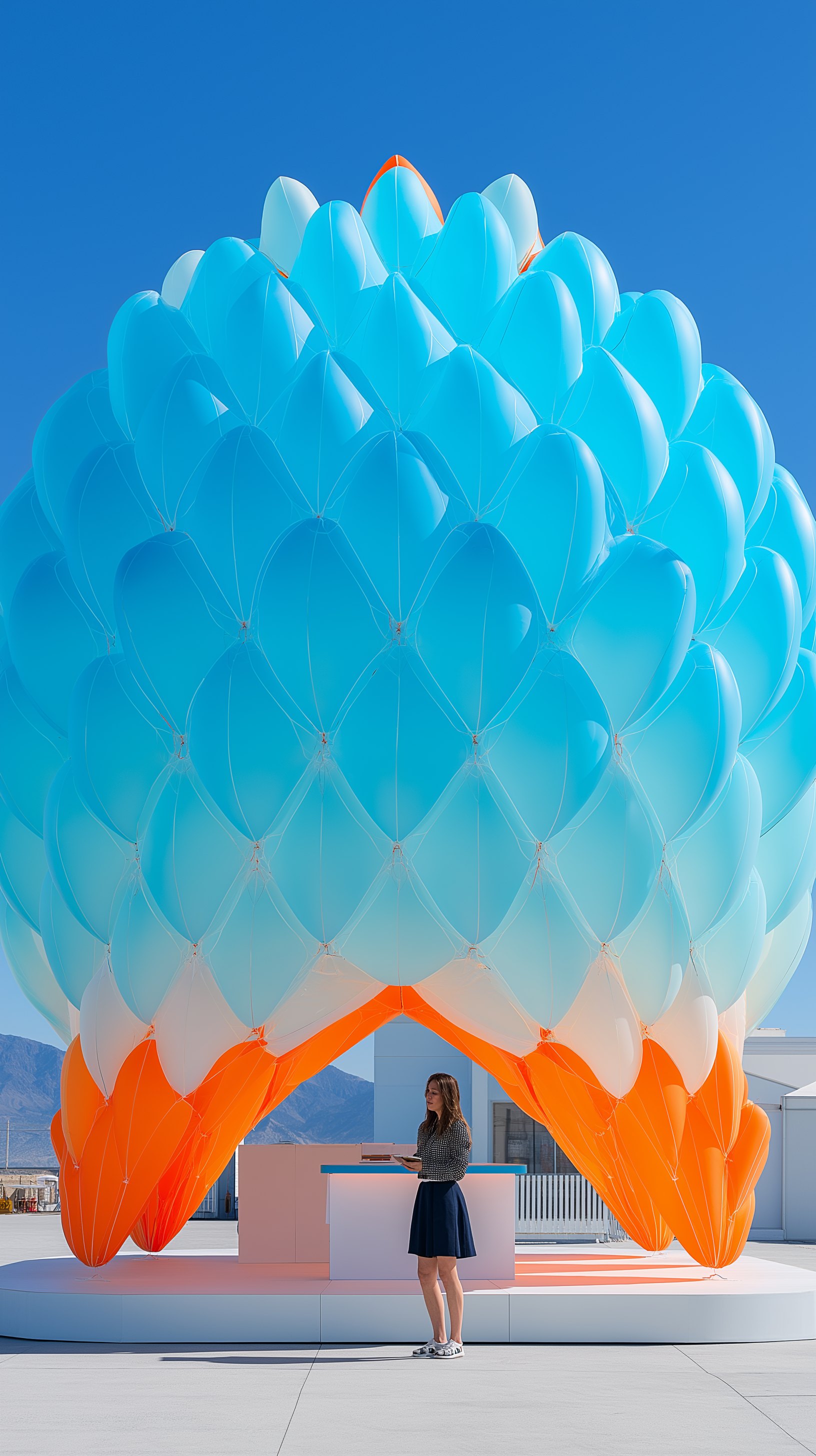 A cyan and orange inflatable scale arch