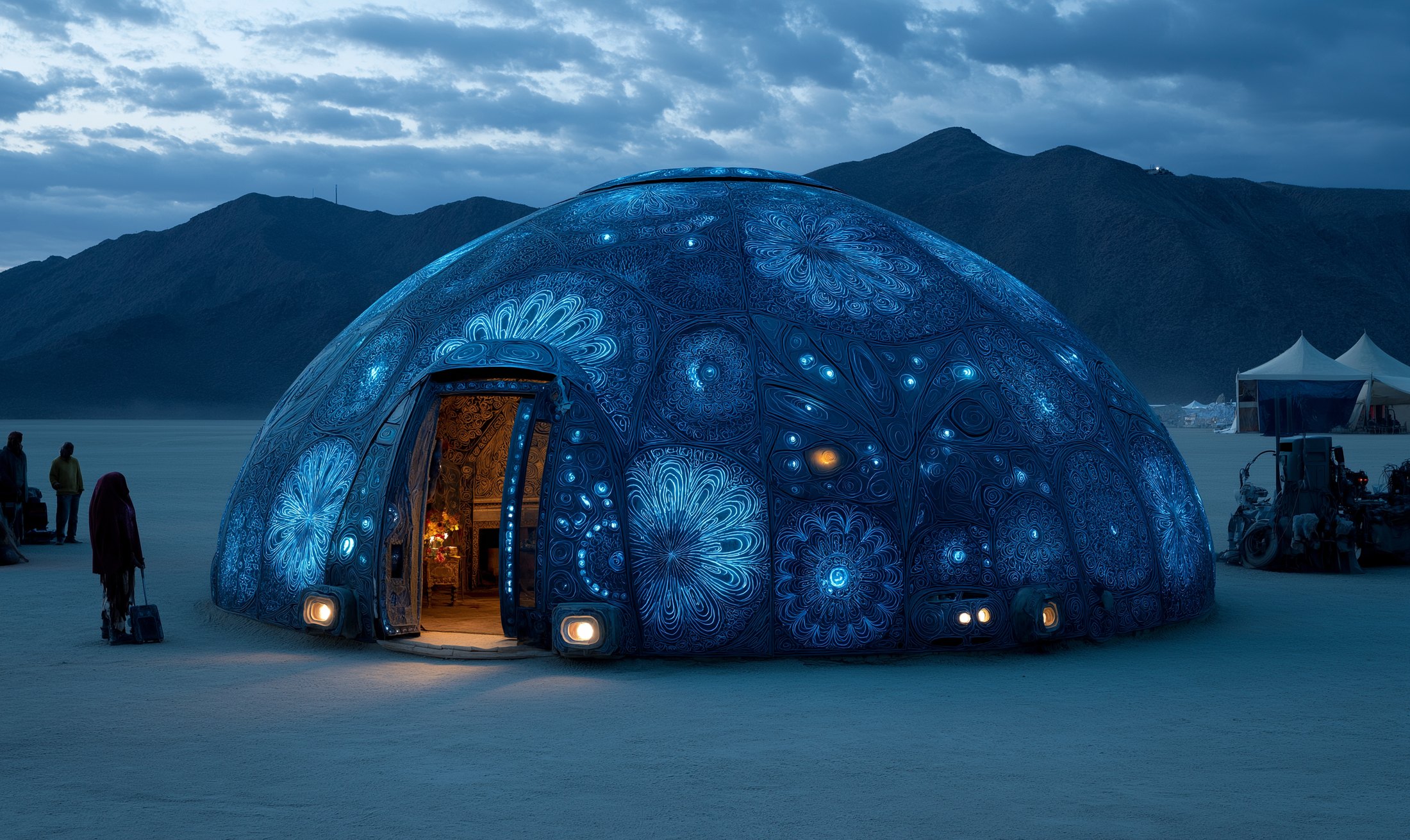 A bio-illuminated dome glowing blue on the playa at dusk