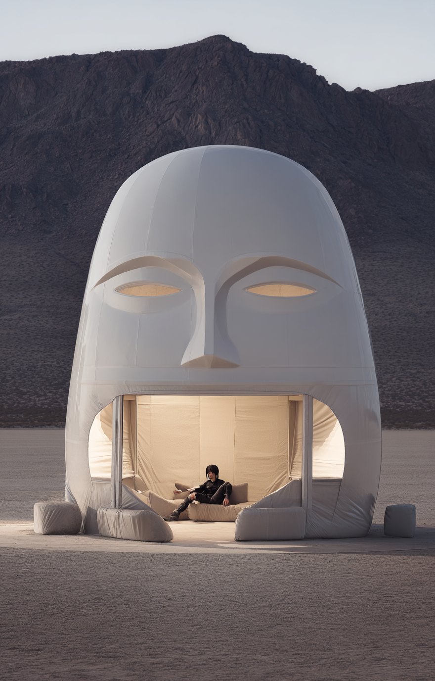 A white face-shaped folly with a lounge inside