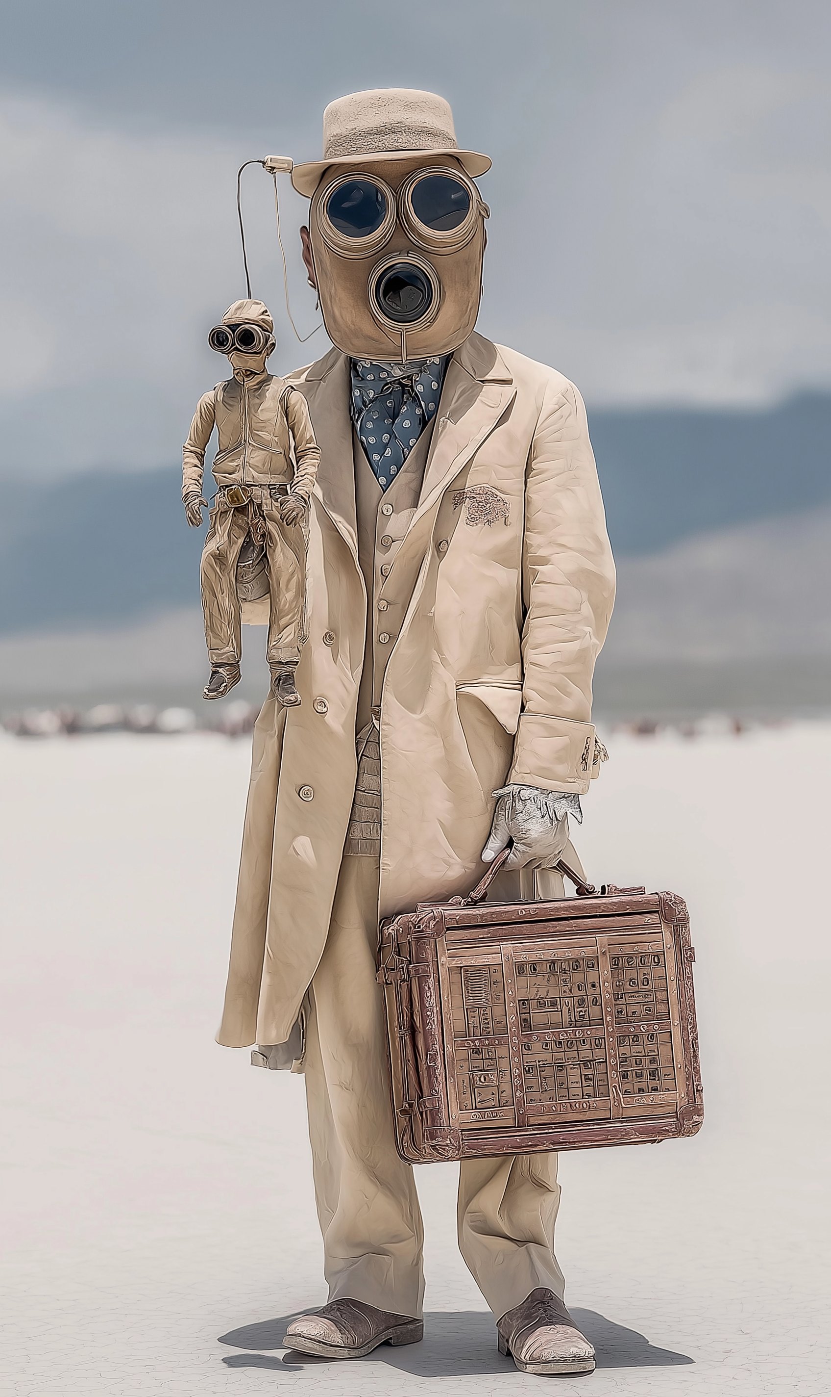 A costumed figure holding a small replica of himself