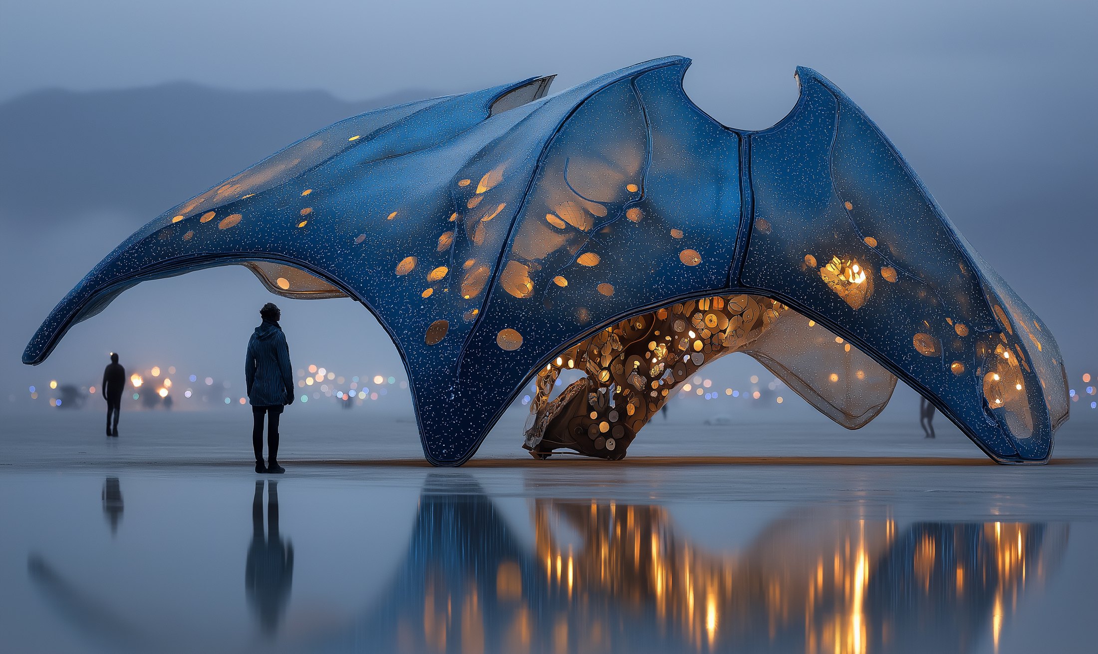 A winged, perforated pavilion lit from within, mirrored in the wet playa