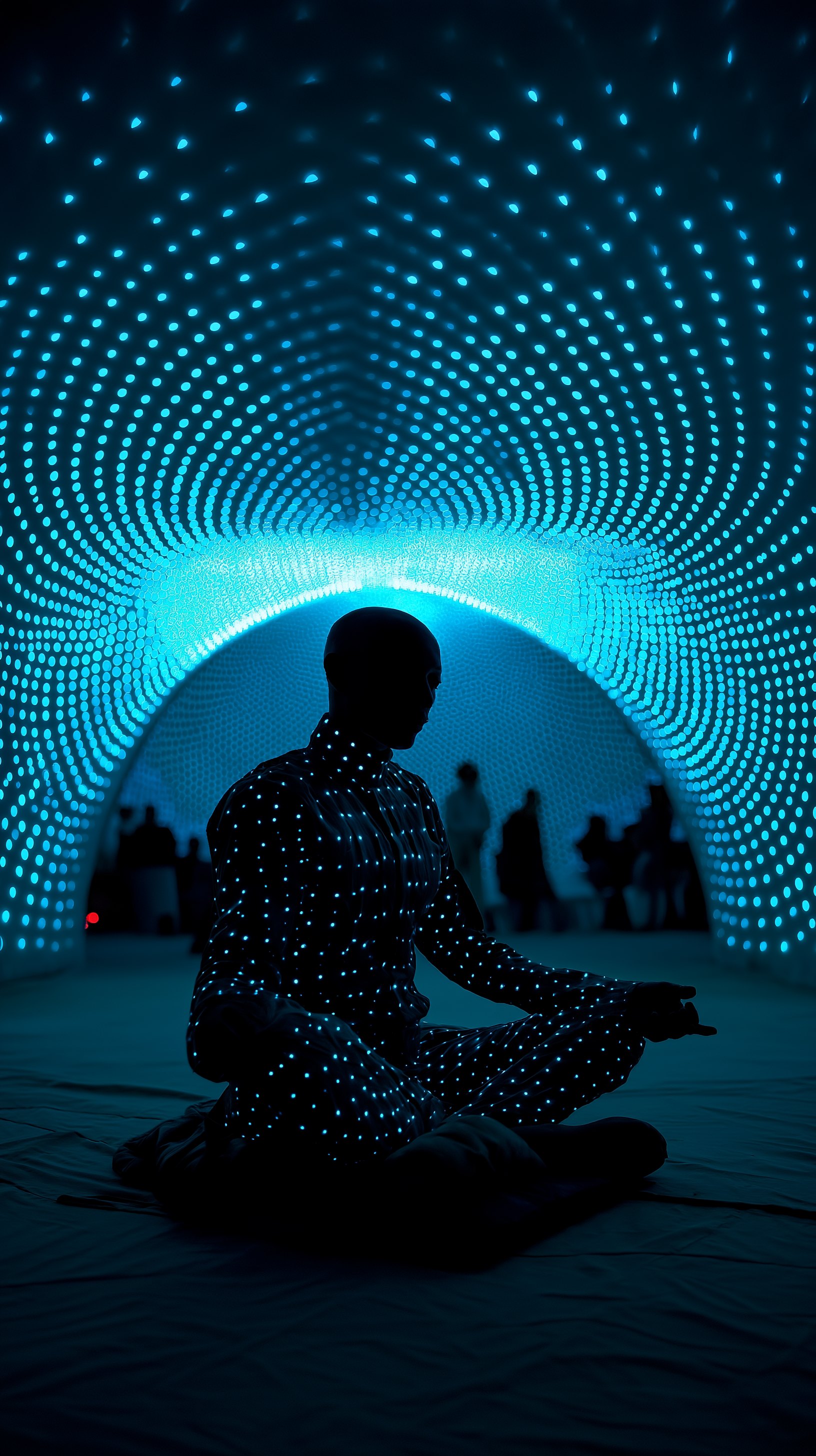 A figure seated inside a dome of blue point-lights