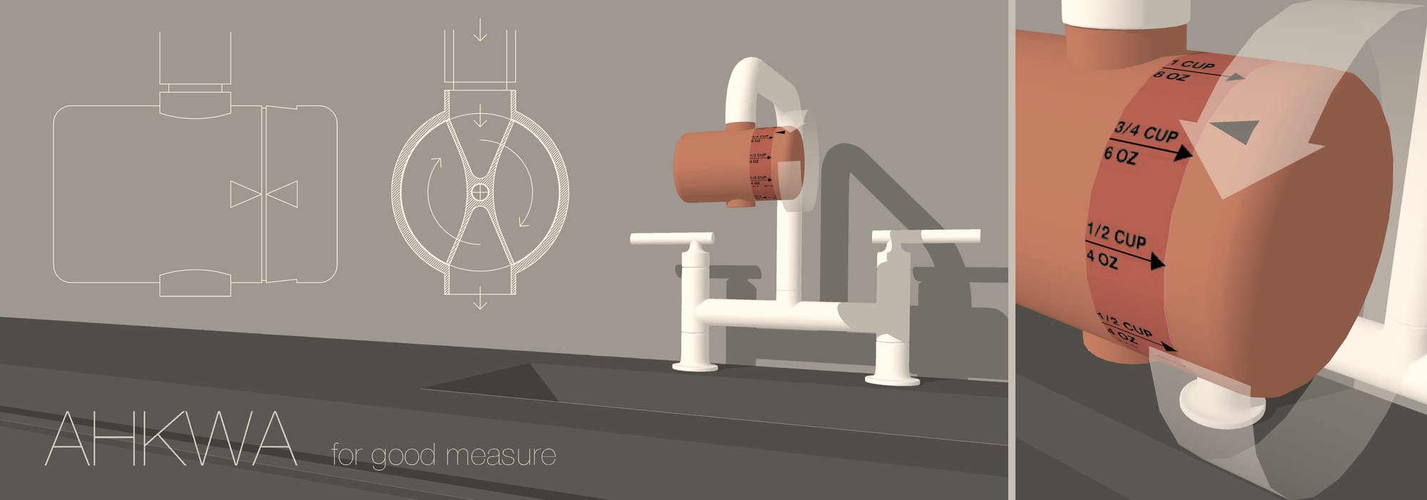 AHKWA, a study for a faucet that measures as it pours, with plan and section diagrams