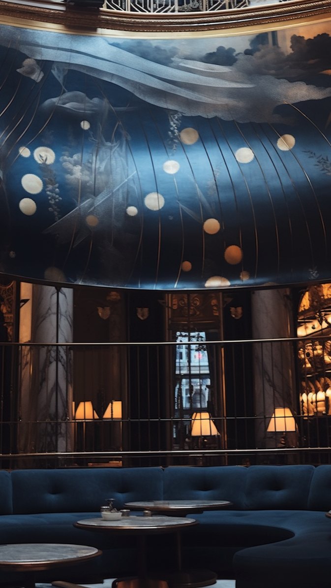A domed bar lit by glass orbs