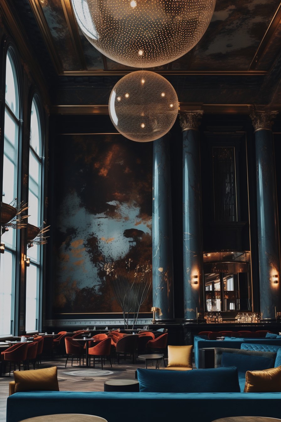 A tall lounge in deep blue with columns