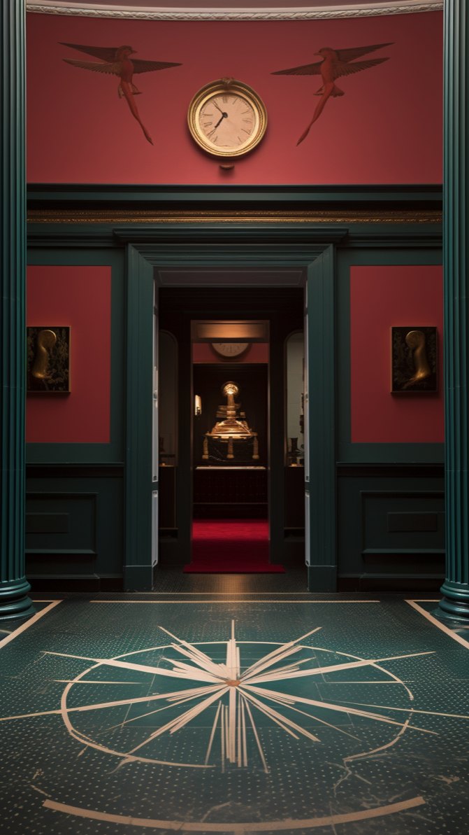 A red gallery with painted birds and a compass-rose floor