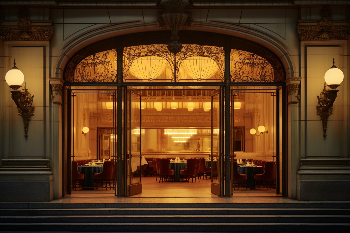 St. Regis New York, the Art Nouveau arrival canopy at dusk